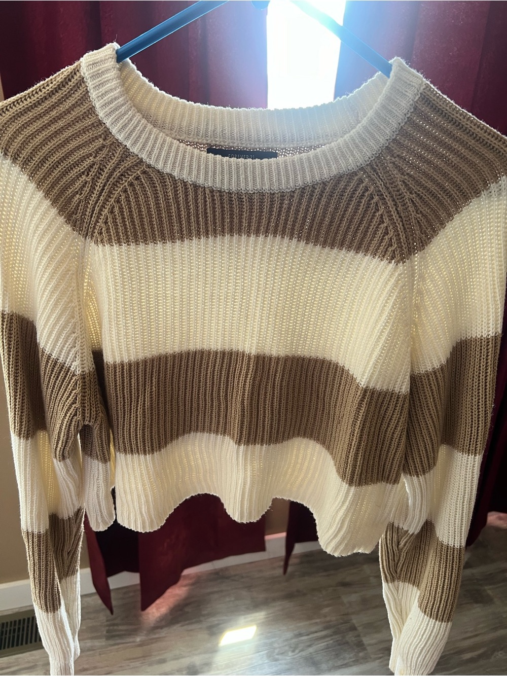 Striped Knit Crewneck Sweater - Cream & Brown